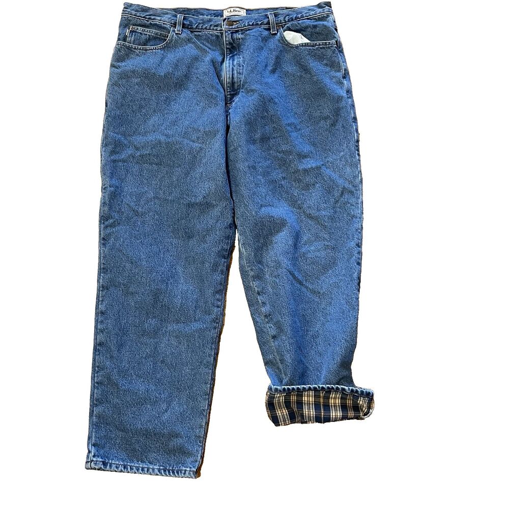L.L. Bean Jeans Mens 42x32 USA Blue Dark Wash Straight Leg Flannel Lined Denim